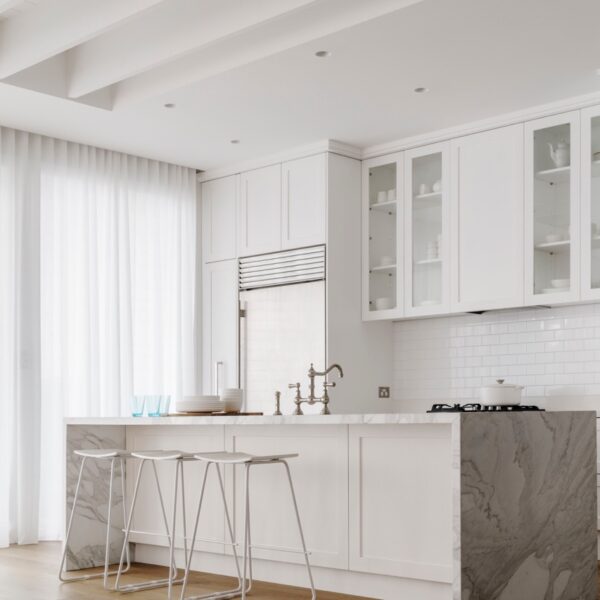 Austinmer coastal home kitchen with island bench and stone detailing