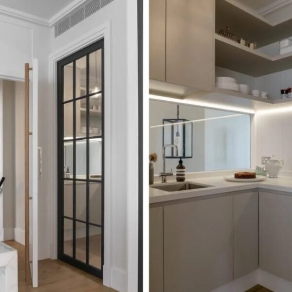 Austinmer home butlers pantry with custom joinery and black framed internal door