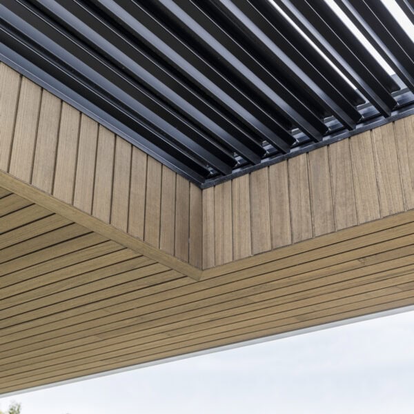 Timber-lined soffit and opening roof detail at Stanwell Park No.3 showing contemporary coastal craftsmanship.