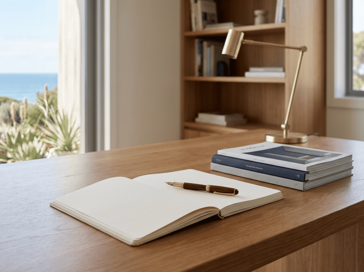 A minimalist architectural study featuring curated design journals and a professional notebook for Simpson & Co builder insights.
